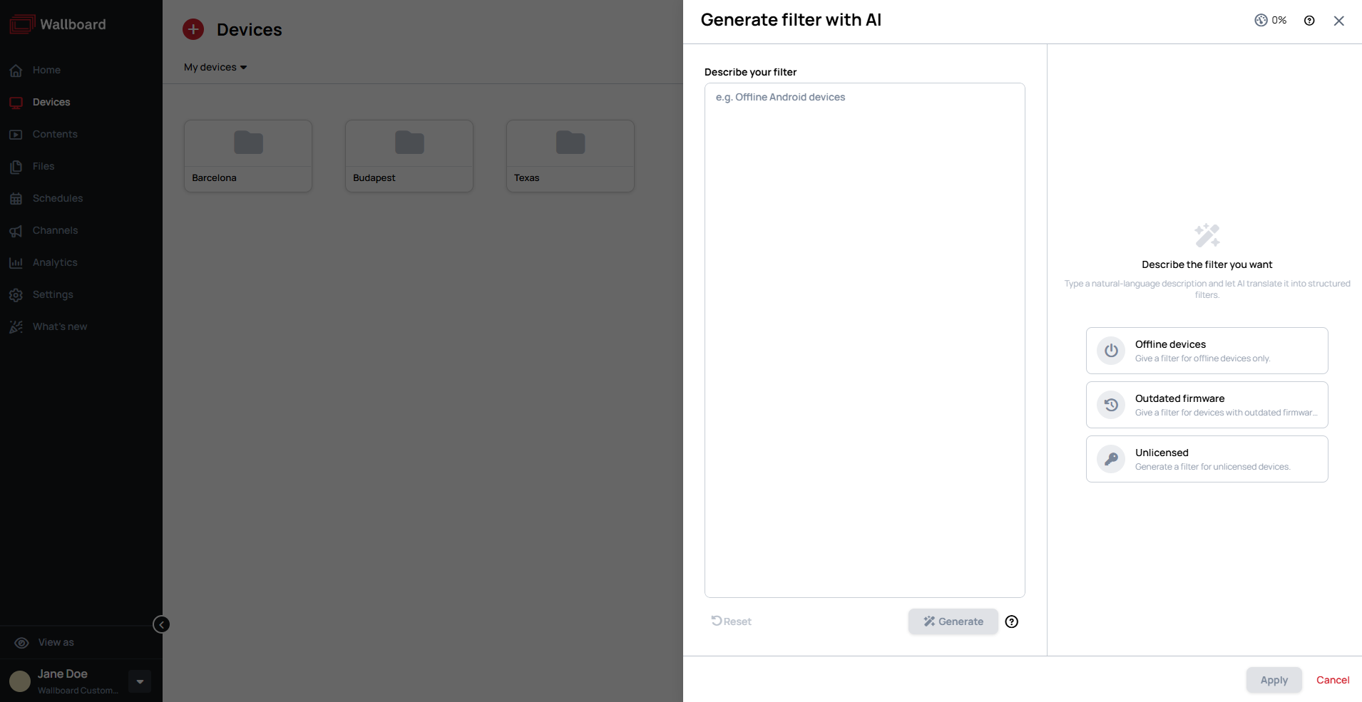 The Generate filter with AI panel on the Devices list
