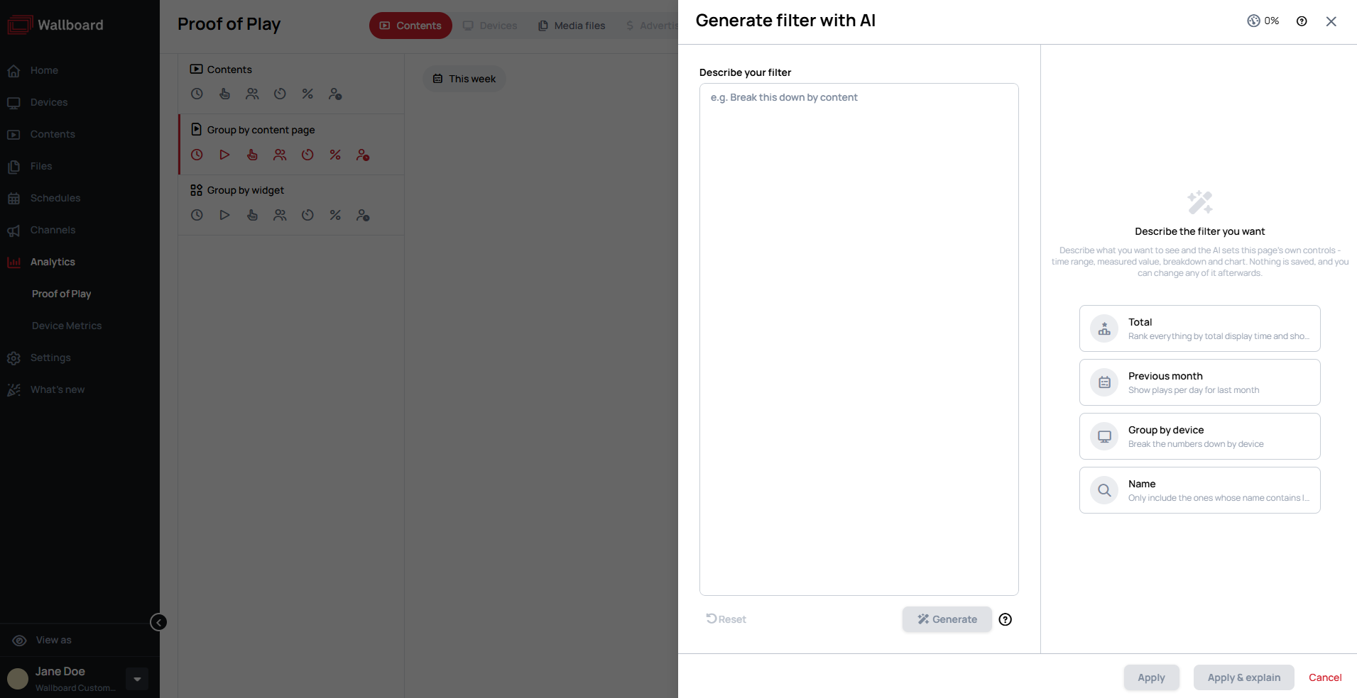 The Generate filter with AI panel on Proof of Play