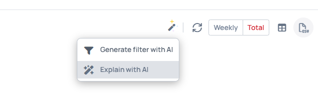 The AI menu on Proof of Play, offering Generate filter with AI and Explain with AI