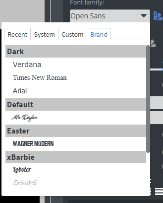 Brand tab in the font family picker, grouping fonts by brand kit