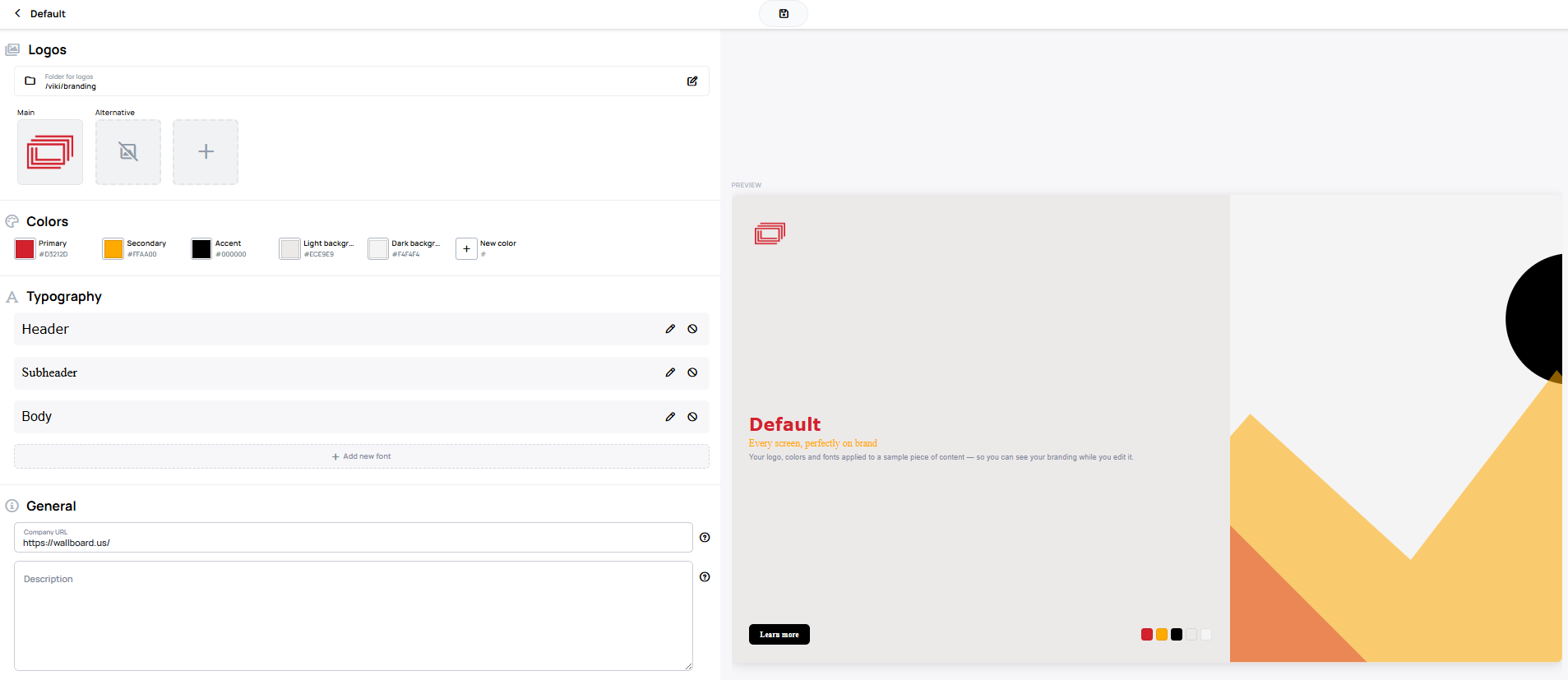 Brand kit editor with Logos, Colors, Typography, and General sections beside a live preview