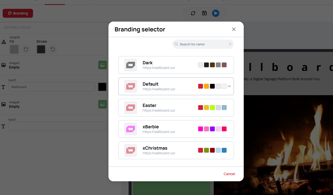 Branding selector listing the available brand kits