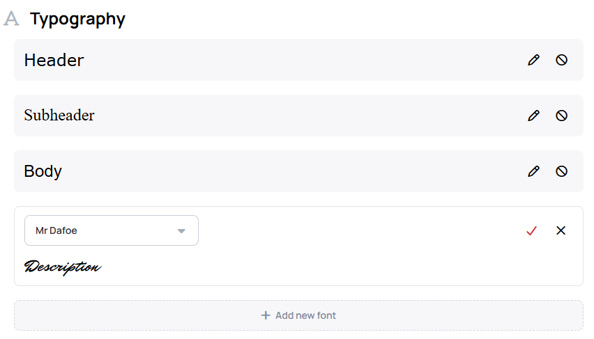 Typography section with a new font being added and previewed