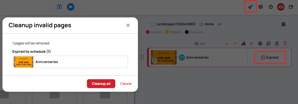The Cleanup invalid pages action and its confirmation