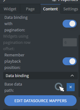 Content tab showing Data binding with pagination, Widgets using pagination row offset, and Remember playback position