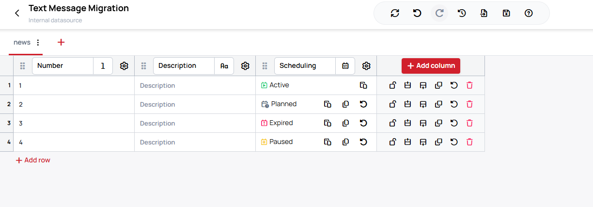 Internal datasource table with a message column and a Scheduling column