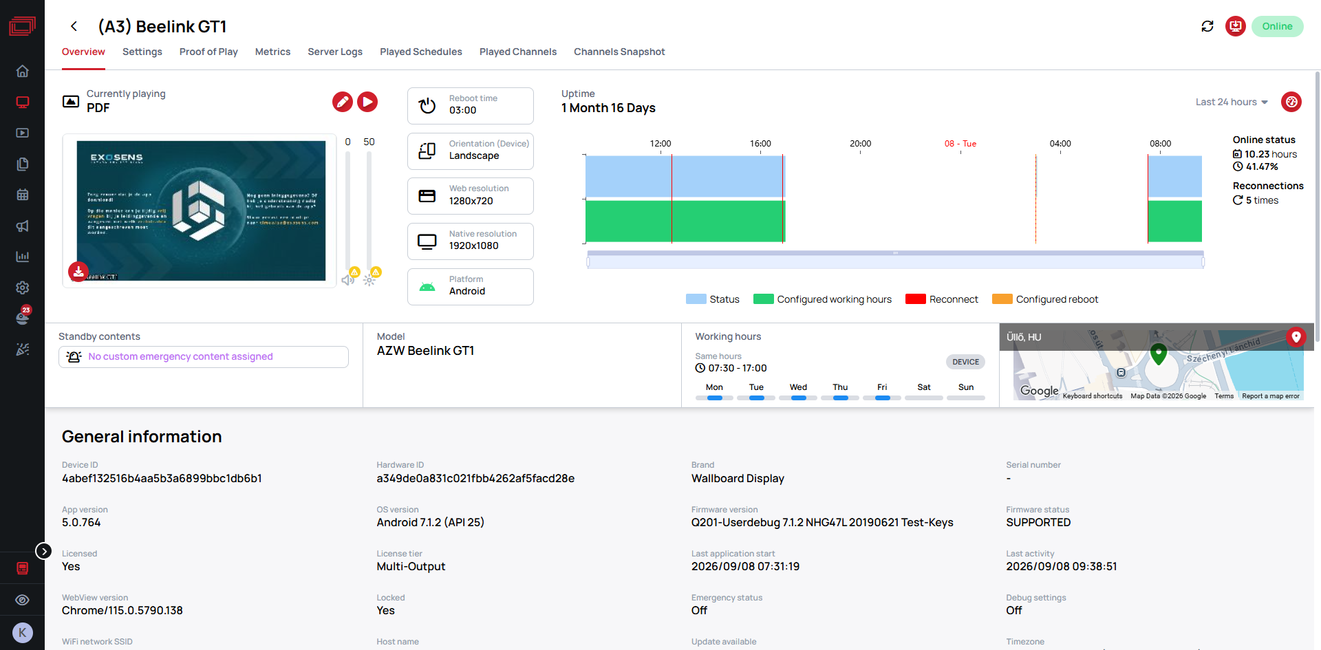 The device Overview tab: the status pill, Currently playing with its preview image, the quick info cards, the uptime chart and the Working hours summary