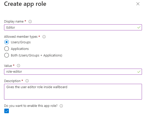Creating an app role with allowed member types set to Users/Groups and a prefixed value in the Value field