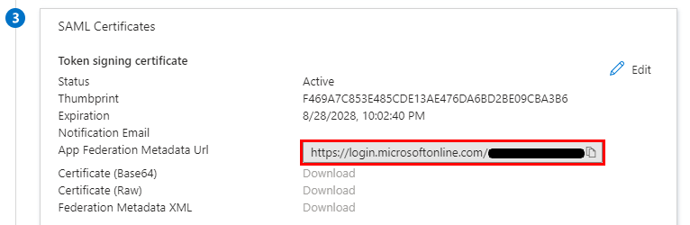 The SAML Certificates card with the App Federation Metadata Url highlighted