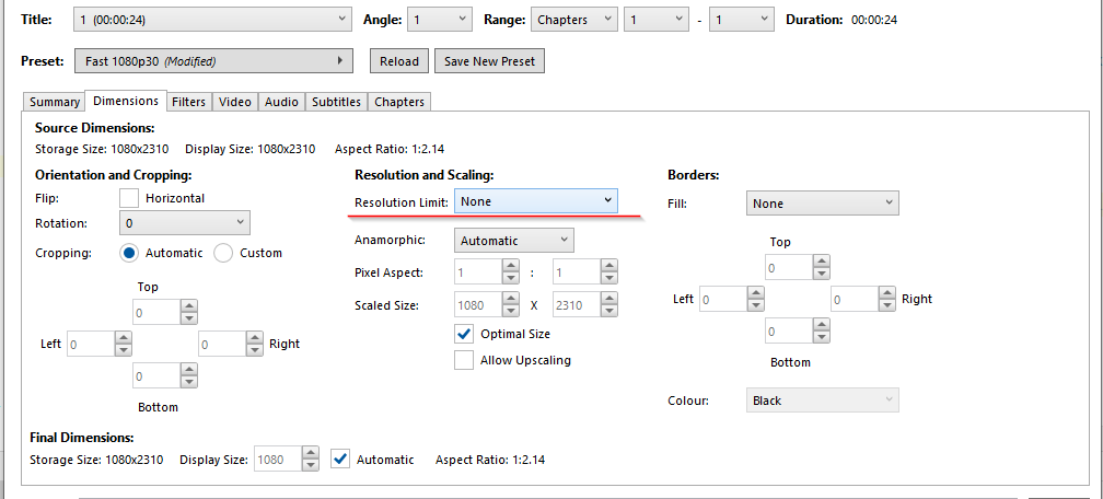 HandBrake Dimensions tab with the Resolution Limit set to None