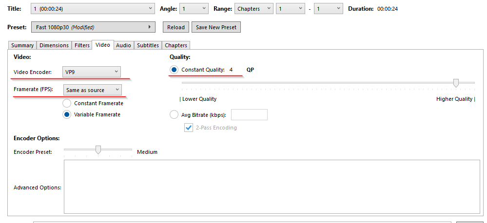HandBrake Video tab with VP9, Same as source and Constant Quality 4