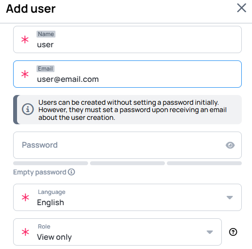Add User dialog showing name, email, password, and role fields