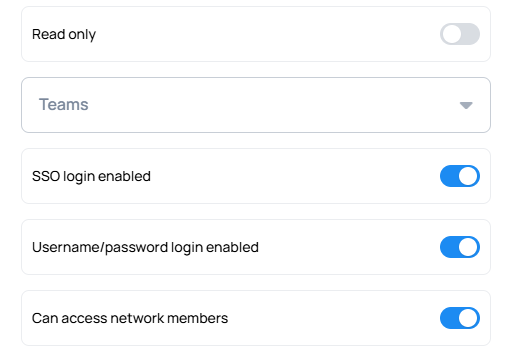 User settings showing read-only, teams, SSO, and password options