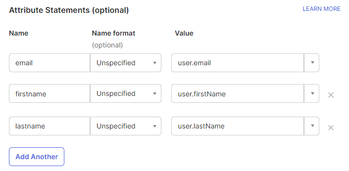 The Attribute Statements block with the email and displayName rows