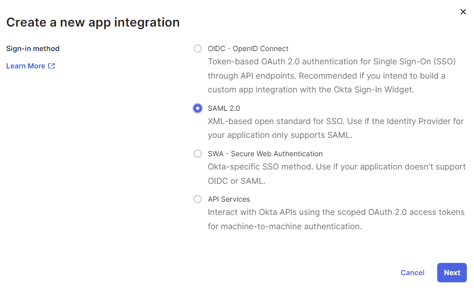 The Create a new app integration dialog with SAML 2.0 selected