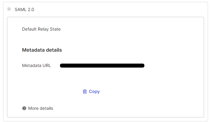 The SAML 2.0 section of the Sign On tab with the Metadata URL and its Copy action