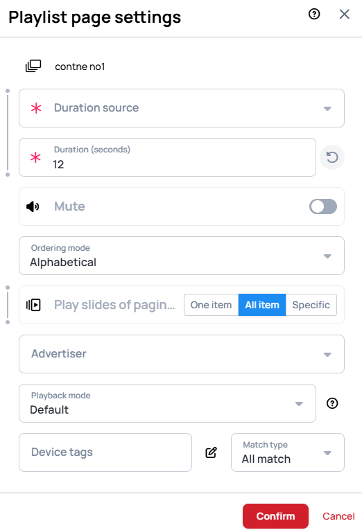Playlist page settings for a paginated slide page