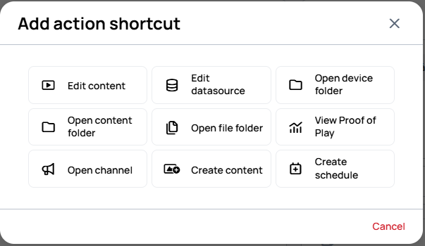 Add action shortcut dialog