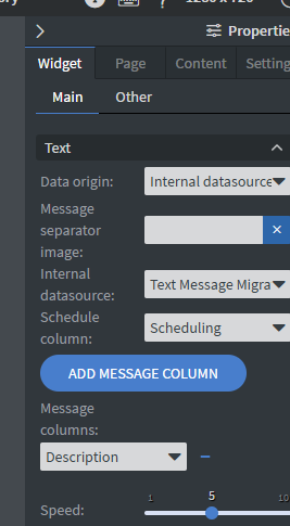 Scroll widget bound to the internal datasource, with the Schedule column and message column selected