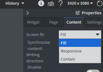 The Screen fit setting in the Properties panel