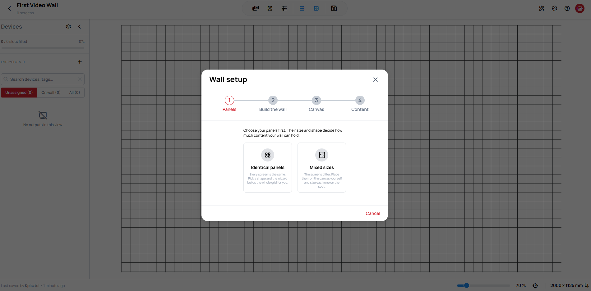 The Video Wall editor with the Wall setup wizard open