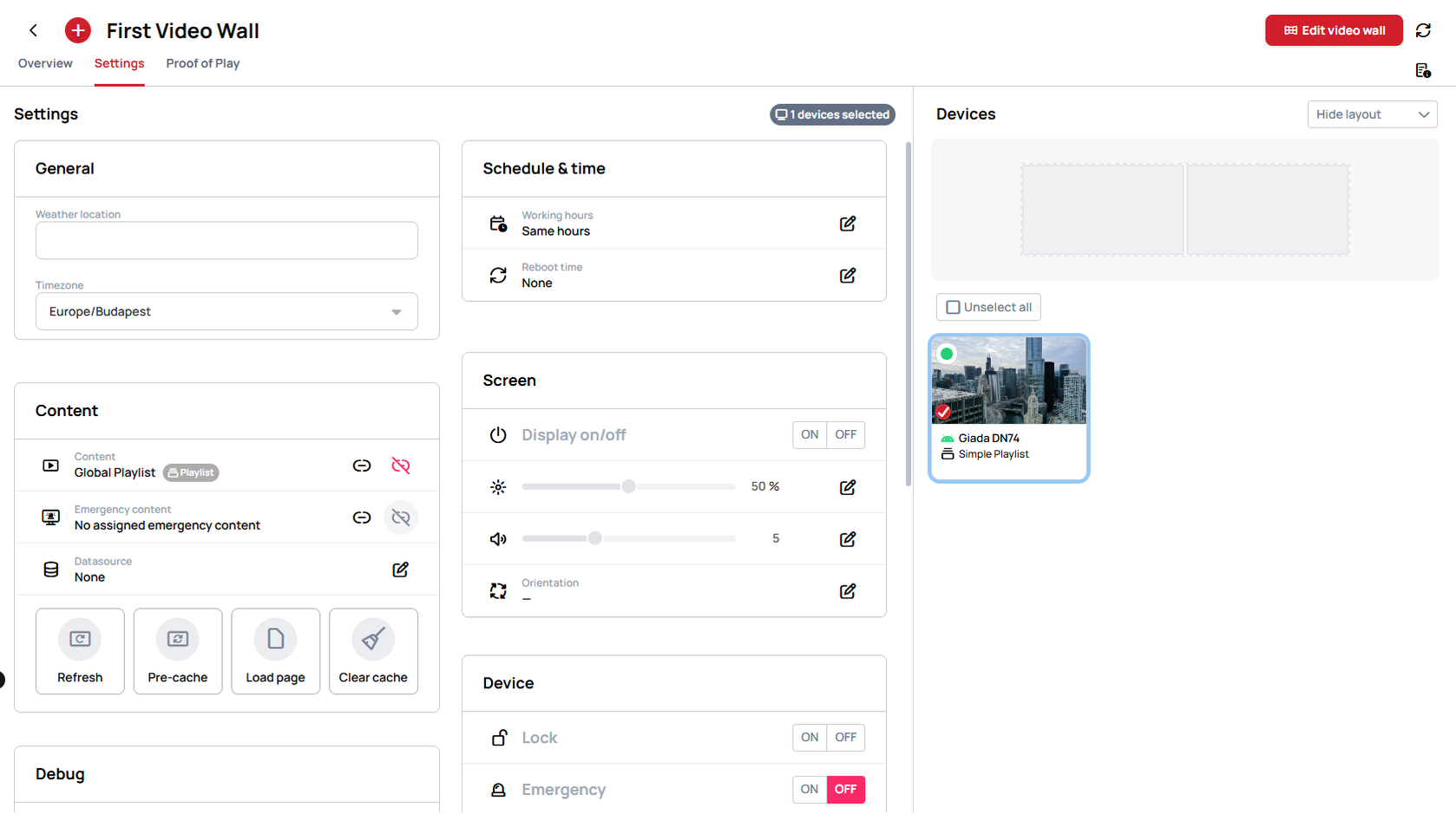 The Settings tab with a Device added