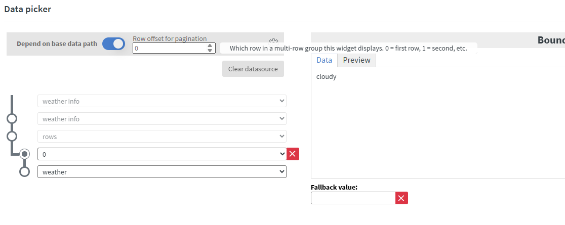 Data picker showing the Row offset for pagination field on a widget binding