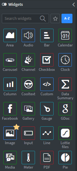 Widgets listed A to Z, starting with Area, Audio, Bar and Calendar