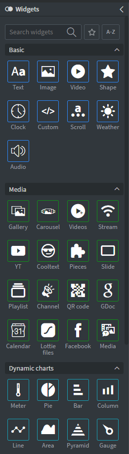 Widgets sidebar in its default view: the search box, the star and A-Z buttons, and the Basic, Media and Dynamic charts categories
