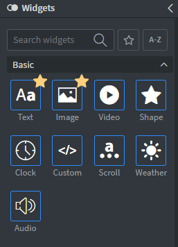 Basic category with the Text and Image Widgets starred