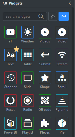 Widgets listed Z to A, starting with YT, Weather, Videos and Video